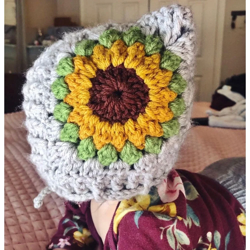 Handmade‎ Crochet Sunflower Pixie Bonnet Gray Yellow Floral Baby girl Hat(0-6m)